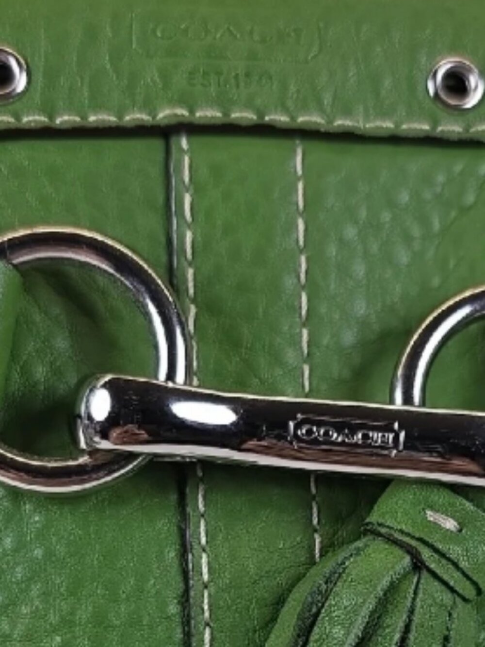 Coach Hampton Green Pebbled Leather Satchel Tote Shoulder Bag Tassel Hardware